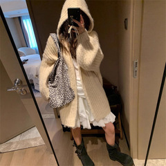 跨境连帽毛衣开衫外套女款2025新款秋冬季宽松慵懒风中长款针织衫