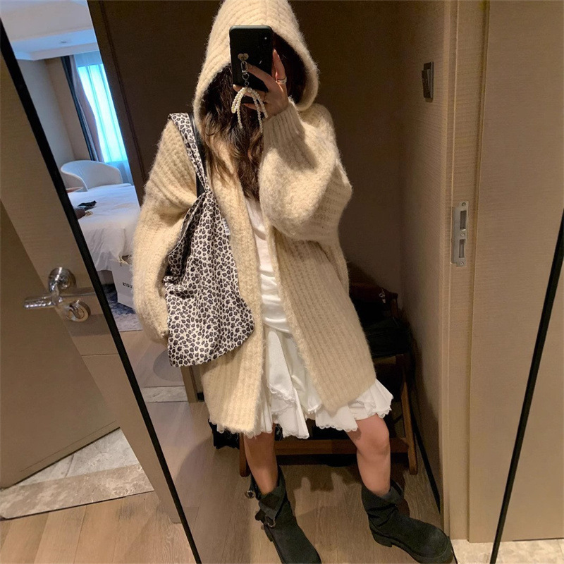 跨境连帽毛衣开衫外套女款2025新款秋冬季宽松慵懒风中长款针织衫|undefined