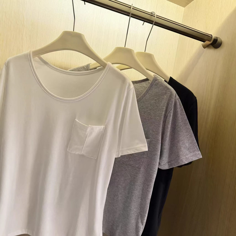 031842 Spring New Style Women's Korean-Style Basic Pocket Breathable Short-Sleeve T-Shirt Wholesale