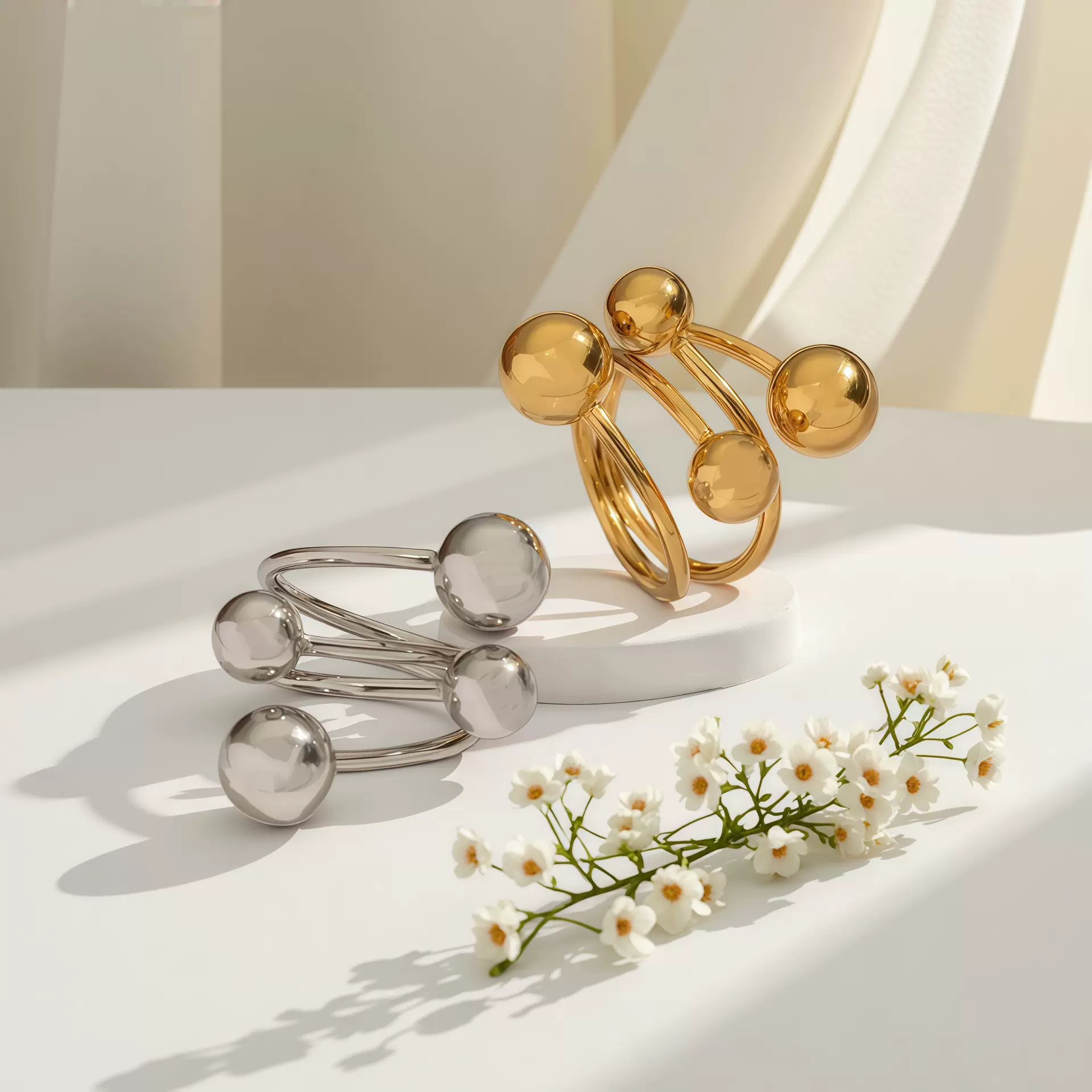 简约欧美几何造型大小实心圆球个性开口戒指不锈钢不掉色工厂批发