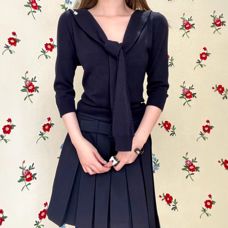 [in stock] SST spring and summer new multi-color navy collar lace silk knitted top