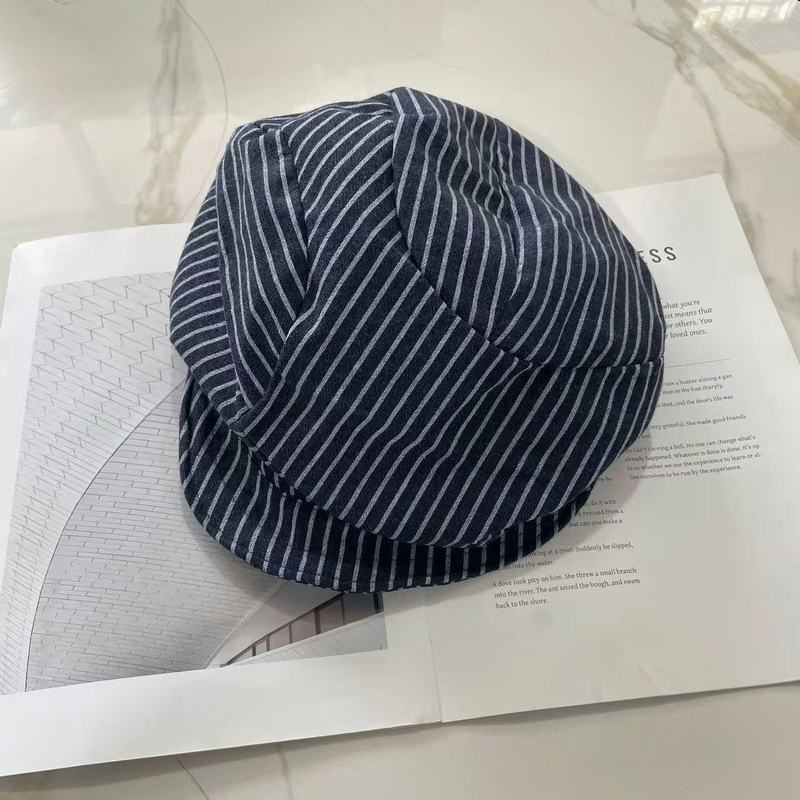 日韩贝雷帽高品质条纹棉麻复古八角帽女士透气显脸小百搭报童帽子|undefined