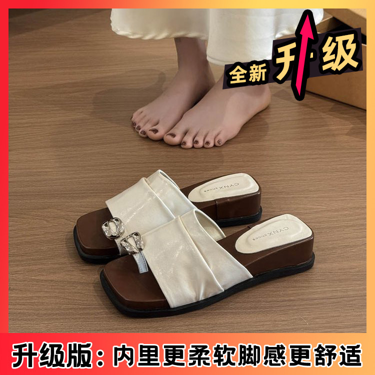 法式套趾褶皱拖鞋女夏外穿2025新款高级感不累脚凉鞋坡跟气质凉拖|undefined