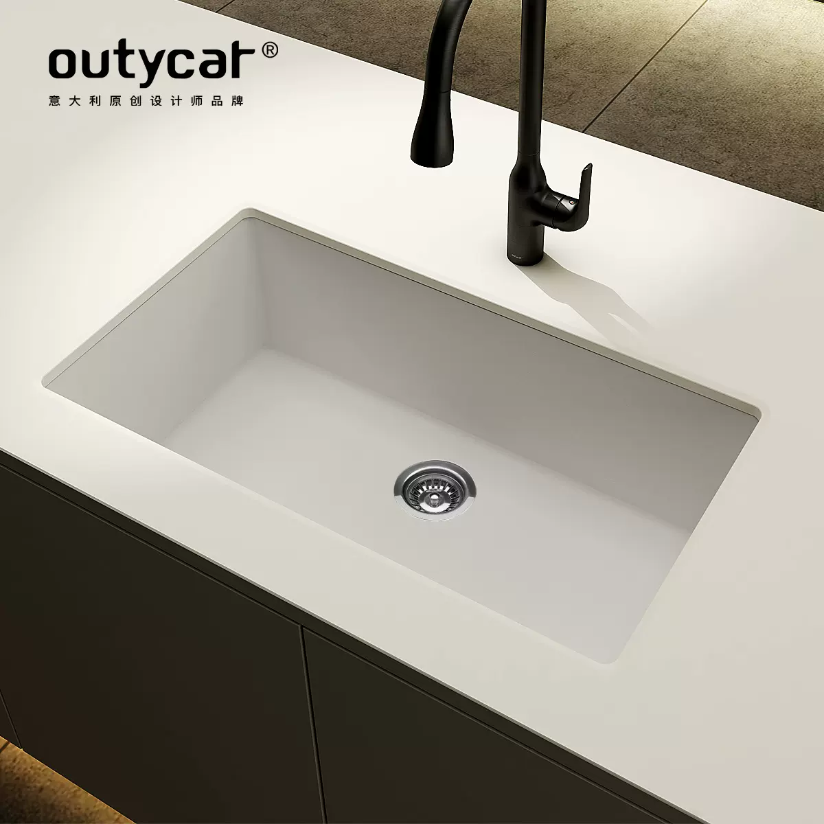 白色花岗岩厨房水槽家用吧台下盆大单槽洗菜池耐磨石英石水槽定制