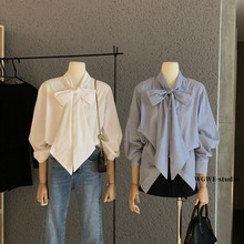 WGWE秋季法式复古小众度假慵懒设计感蝴蝶结系带长袖衬衫女W7332