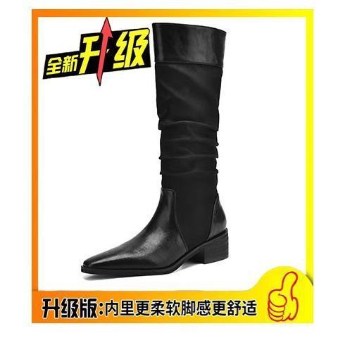 2025秋新款复古风粗跟骑士靴女尖头褶皱堆堆靴高筒靴英伦西部靴女|undefined