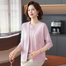 中老年女装春季新款针织纯色减龄开衫时尚妈妈装春秋薄两件套上衣