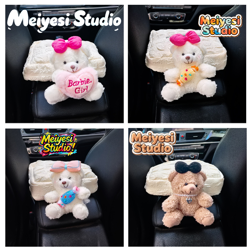 Caja de toallas de automóvil reposabrazos asiento de automóvil caja de dibujo de cartón decoración adorable oso caricatura en línea para mujeres image 5