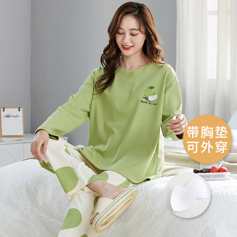 2024 Long Sleeve Pajamas Women's Autumn Cartoon Thin Cotton with Chest Pad Home Clothes Can be Wearing for Spring, Autumn and Winter suit