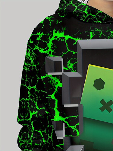 Boys 'trendy green checkered print hoodie, long-sleeved comfortable micro-elastic hooded hoodie, spring, autumn and winter