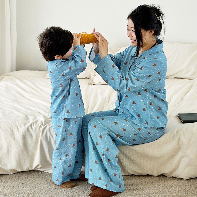 Spring and Autumn Children's Home Wear Pure Cotton Gauze Set Parent-Child Boys and Girls Baby Cardigan Pajamas Long Sleeve Long Pants Breathable
