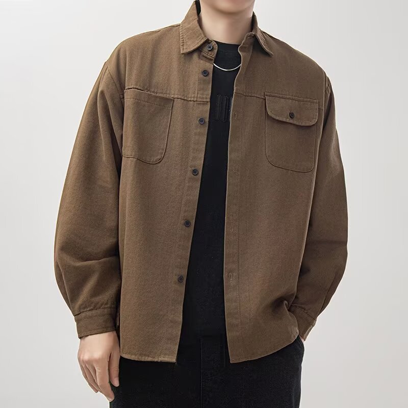 American Retro Workwear Shirt for Men, Spring and Autumn Loose Jacket with a Turn-Down Collar, Stylish Outerwear with Pockets, Brown