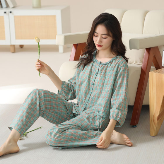 Woven Cotton Gauze Pajamas Women's Spring and Summer Cotton Seven-point Sleeve 2025 New Middle-aged Mother Home Clothes suit