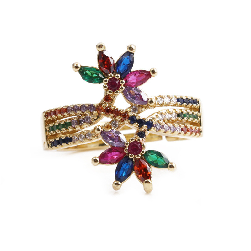 Wholesale Jewelry Fashion Rainbow Leaf Copper Micro-inlaid Zirconium Ring Nihaojewelry display picture 1