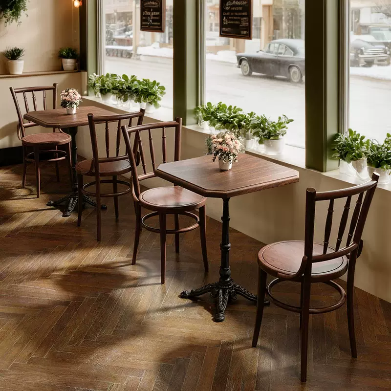 复古咖啡厅实木小圆桌子奶茶甜品店桌椅烘焙店木质餐馆桌方桌工厂