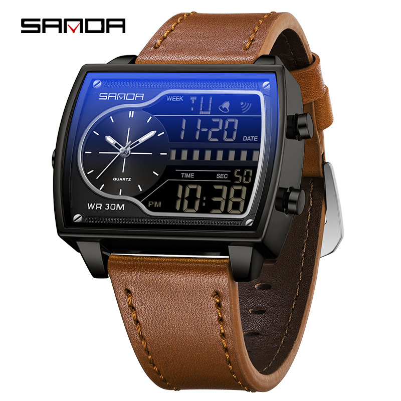 SANDA SANDA 6163 nuevo reloj electrónico de moda doble pantalla multifuncional reloj de hombre impermeable calendario de luz nocturna reloj de hombre
