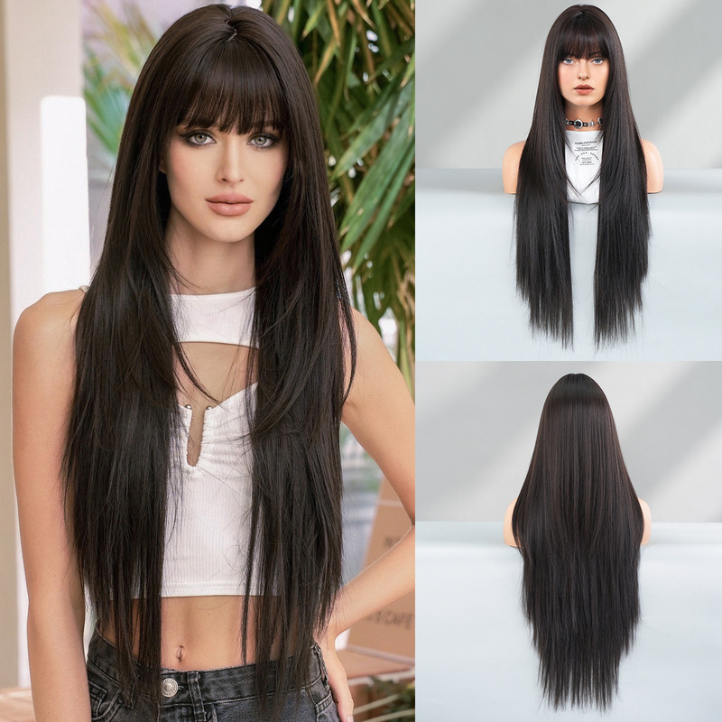 Women's fashion wig for round faces, layered ultra-long straight black hair, full wig with bangs, high-quality synthetic fiber full headpiece