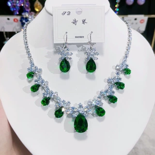 时尚潮流锆石奢华项链耳环绿色打铁花套装ins直播爆款佩戴裙装