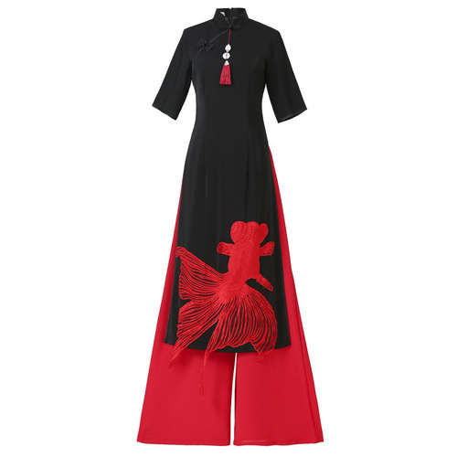 Chinese dress red with black qipao Vietnam Ao Dai cheongsam catwalk show  costume wmen wide-leg pants two-piece Chinese style long elegant cheongsam