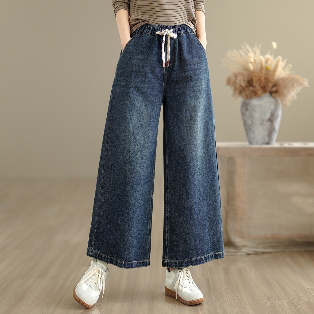Spring and Autumn Loose Light Board Elastic Waist Fabric Jeans for Women High Waist Large Size Small Flared Wide Leg Pants for Women