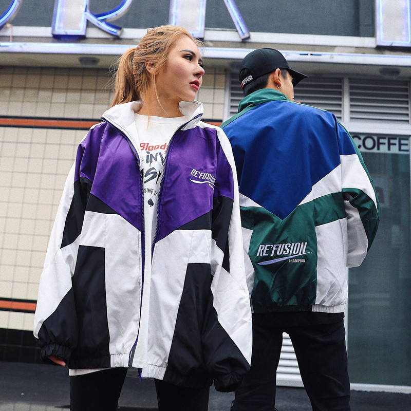 Korean ulzzang Jacket Harajuku Hong Kong Style Street Fashion Brand Retro Color-block Loose Jacket Sports Trench Coat