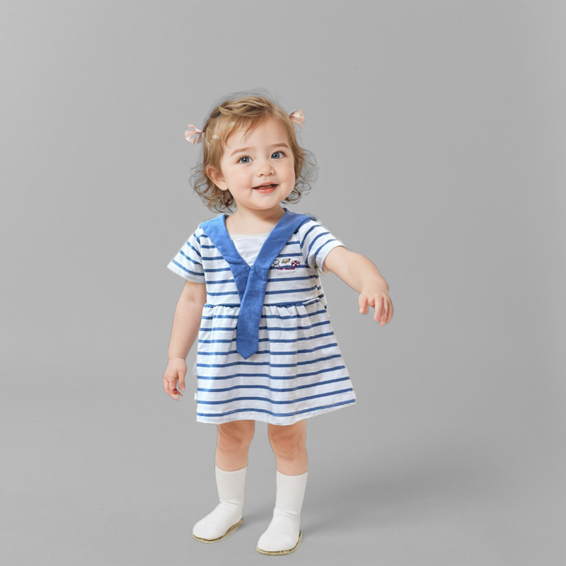 Girls dress Navy Collar Striped Short Sleeve Embroidered Summer New Children's Skirt Baby Princess Dress Coats
