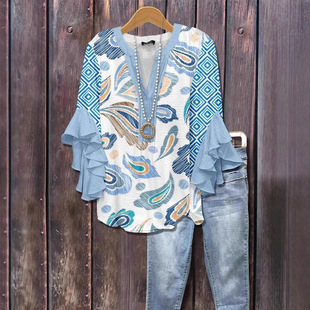 3D New Cross-border Creative Floral Elements Printing Digital Printing Casual Trendy V-neck Lotus Lace T-shirt Women's Top