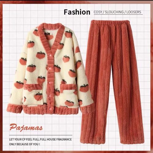 Autumn and Winter Thick Blackberry Rose Silk Pajamas Set for Girls Long Sleeve Long Pants Little Princess Style Fringe Flannel Home Clothes Set Thick Warm