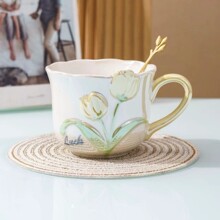 郁金香陶瓷杯精致立体浮雕家用女生高颜值咖啡杯马克杯