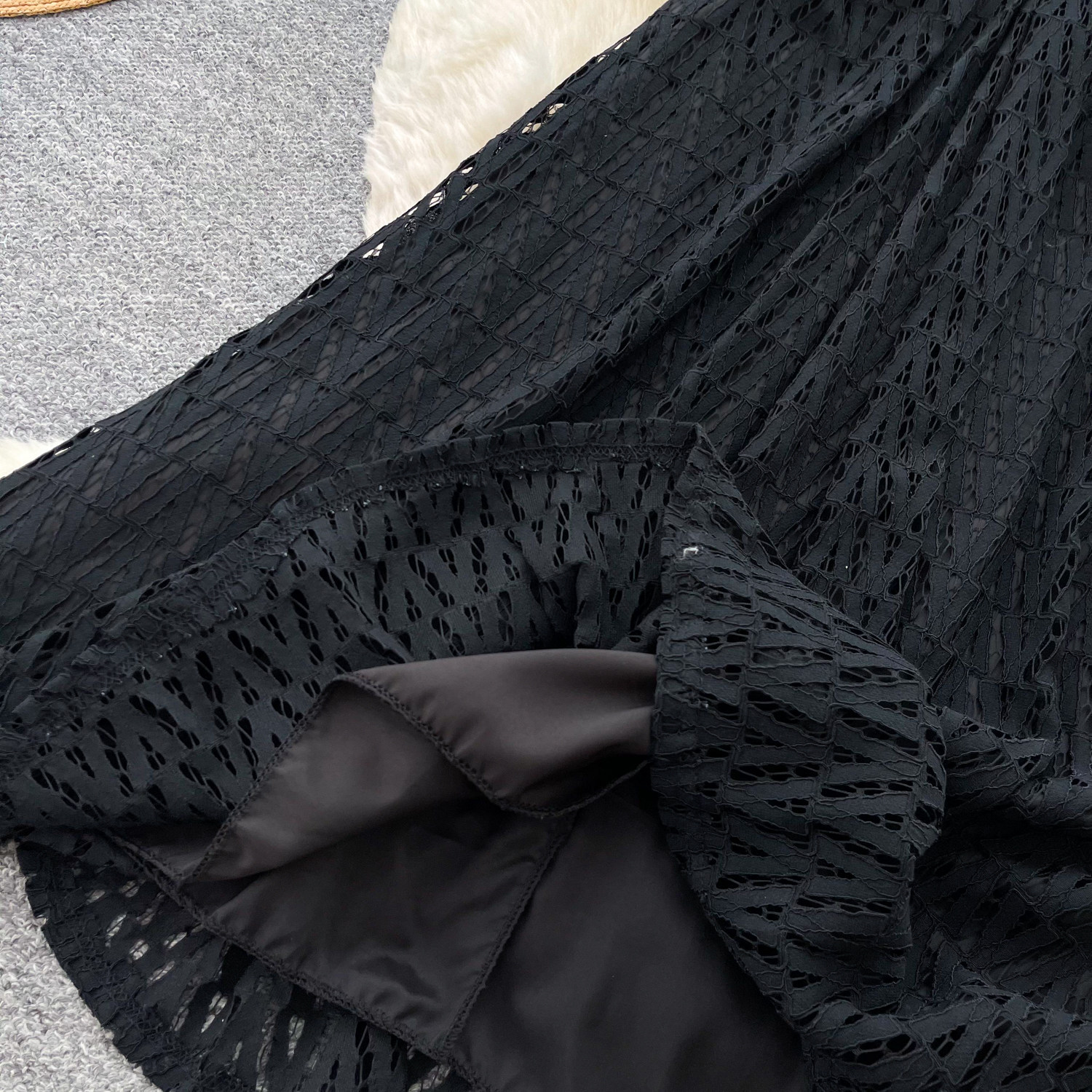 French-Inspired Lace Dress With Tie Waist - Elegant Black A-Line Midi Dress For Women_ecoleips.com