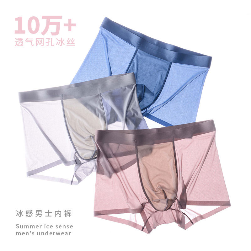 Men's Underwear with Invisible Design, Summer Ice Silk, Large Size, Men's Mesh Transparent Ultra-Thin Breathable Boxer Shorts for Men Wholesale 