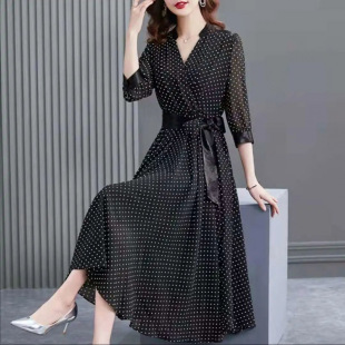2025 New Summer Black Printed Mid-Length V Neck Dress Classy Plus Size Women's Elegant Mid-Length Skirt