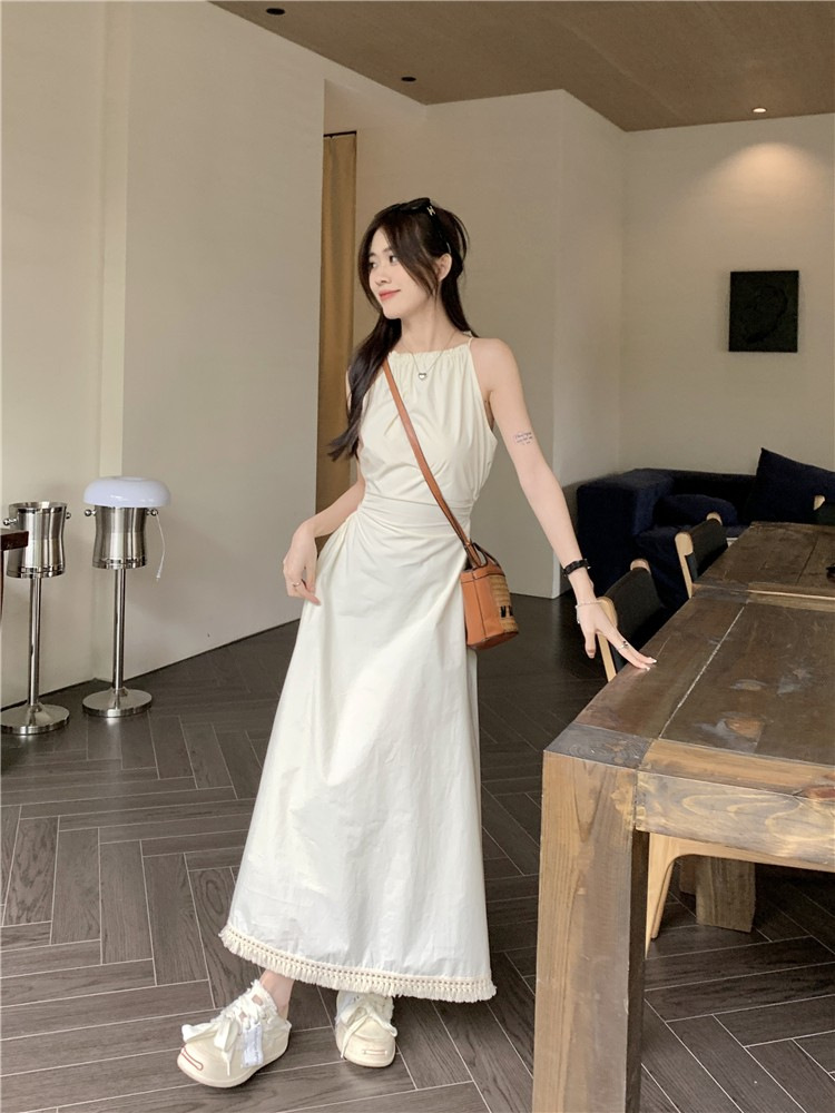 French-style Hollow-out Open-waist Halter Dress Women's Summer Lace-up Waist Slimming Vacation-style Seaside Tassel Long Dress