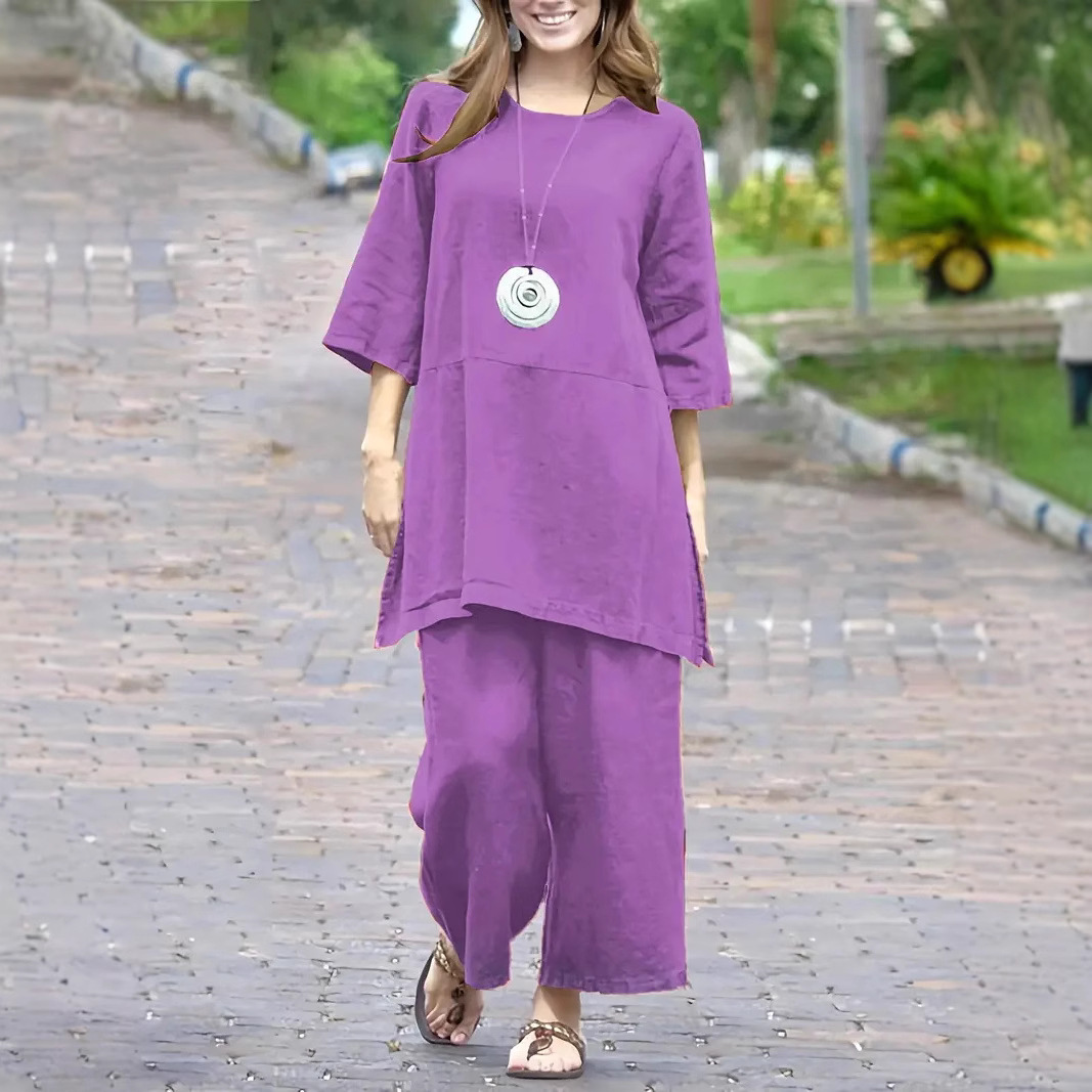 2025时尚大码2件套女士春夏秋季休闲纯色短袖圆领袖衬衫上衣长裤