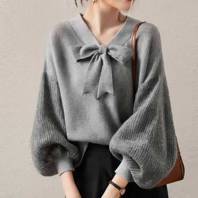 Cross-Border Foreign Trade Japanese-Style Short Tops for Spring, Autumn, and Winter, New V-Neck Tie Lantern Sleeve Knitwear, Loose Plus-Size Sweater