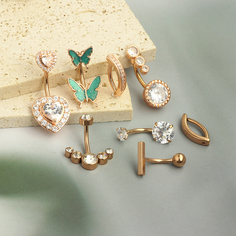 8-Piece Rose Gold CZ Navel Ring Set Stainless Steel Body Piercing Jewelry Navel Belly Button Rings detail image 7