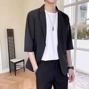 Men's Suit 2025 New Solid Color Thin Korean Style Trendy Light Mature Style Three-Quarter Sleeve Jacket Small Suit Set