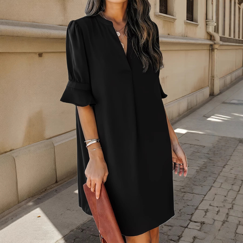 European and American Cross-Border Women's Elegant V-Neck Ruffled Short-Sleeved Dress, Spring and Summer Women's Clothing, Women's Dress