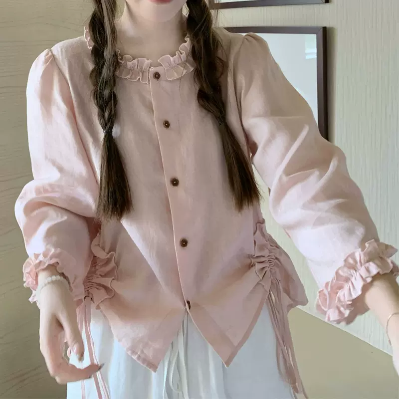 ZHOYUE 浅虾粉100亚麻抽皱木耳边设计衬衫女春夏秋上衣圆领七分袖