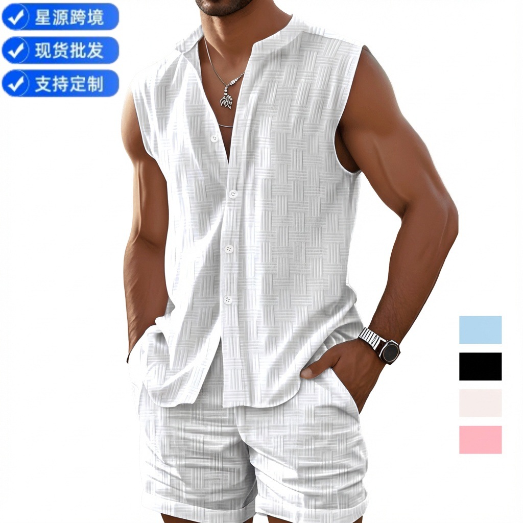 Summer Amazon AliExpress European and American Cross-border Men's Vest Shirt Casual Loose Sleeveless Shorts Beach suit