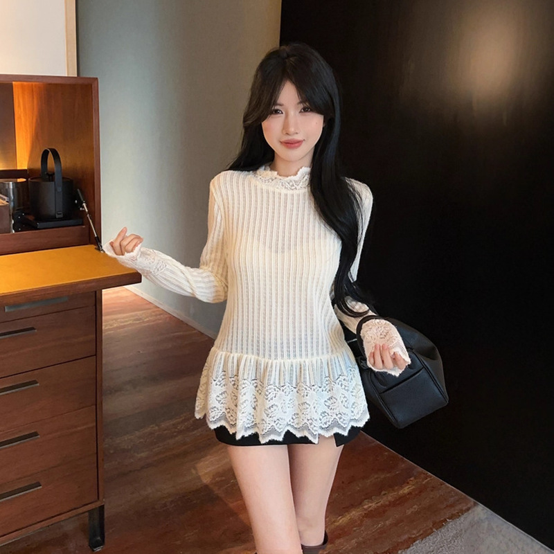 设计感蕾丝花边长袖套头T恤女秋季2025新款韩版别致内搭打底衫潮|undefined