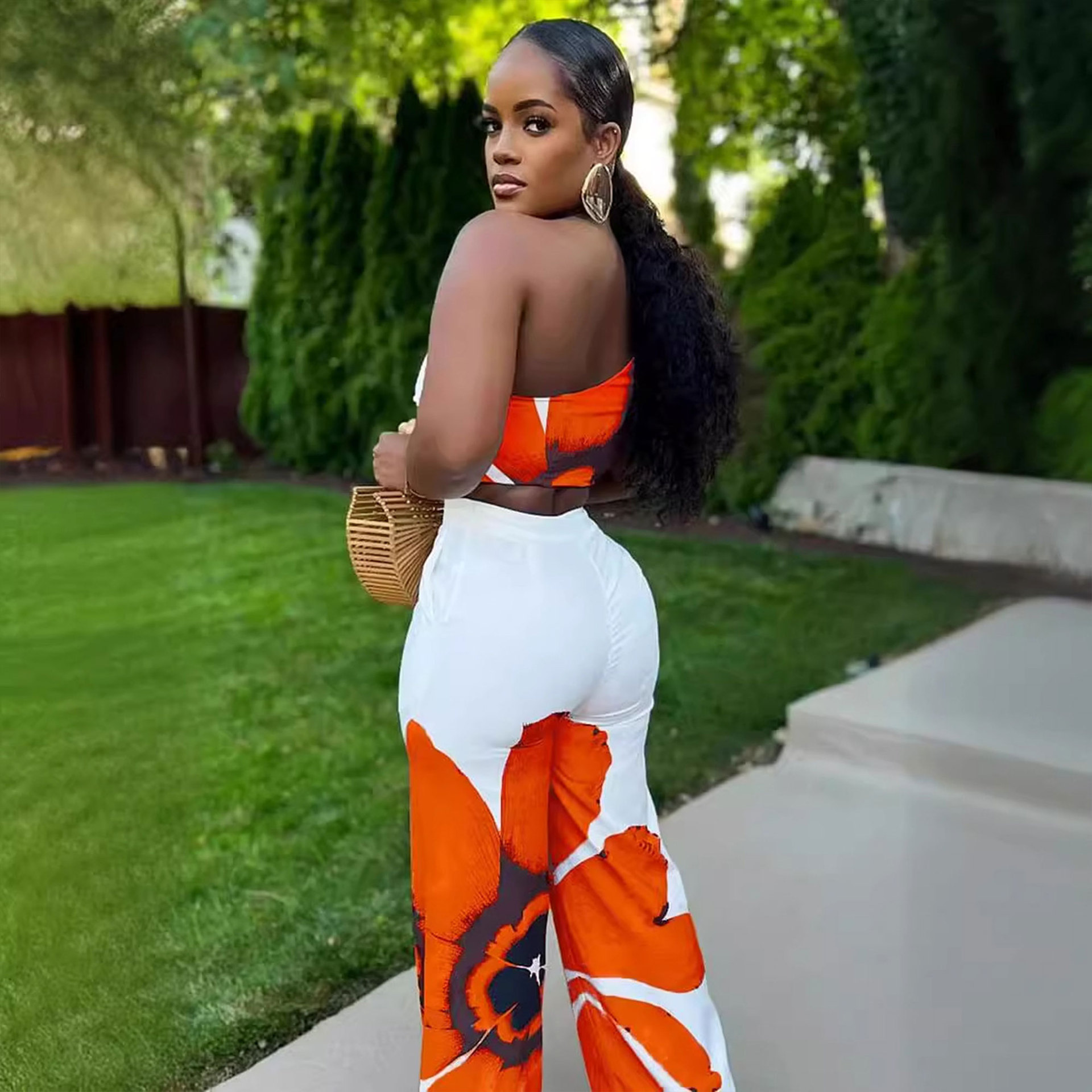 Women's Clothing printed one shoulder slim fit wide leg pants two piece set_voghion.com