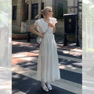法式气质小香风白色小飞袖连衣裙女夏新款小个子收腰初恋小白裙子