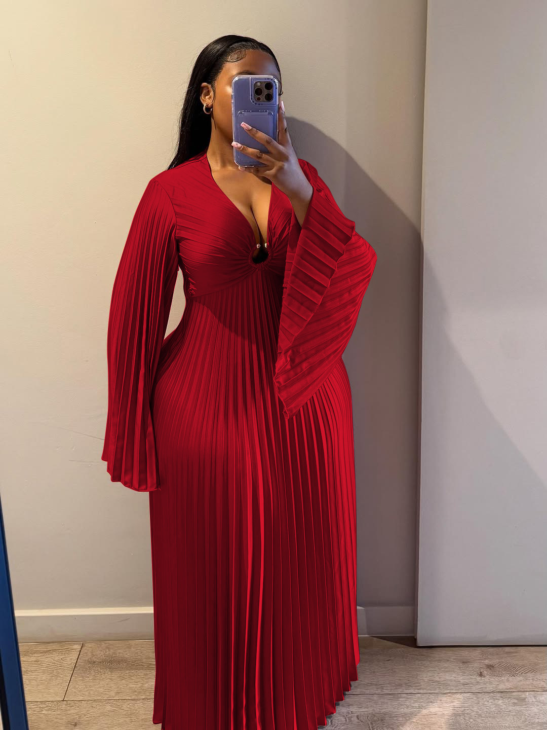 Women's Clothing Elegant Slim Fit Women's Dress V Neck Pleated Long Sleeve Solid Color Casual Spring/Autumn Dress_ecoleips.com