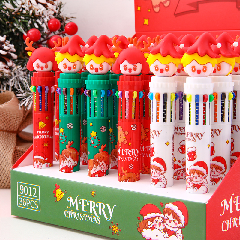 En caja de Navidad de diez colores bolígrafo estudiante creativo diario de la pluma de 10 colores uno en uno push pen regalo de papelería de Navidad