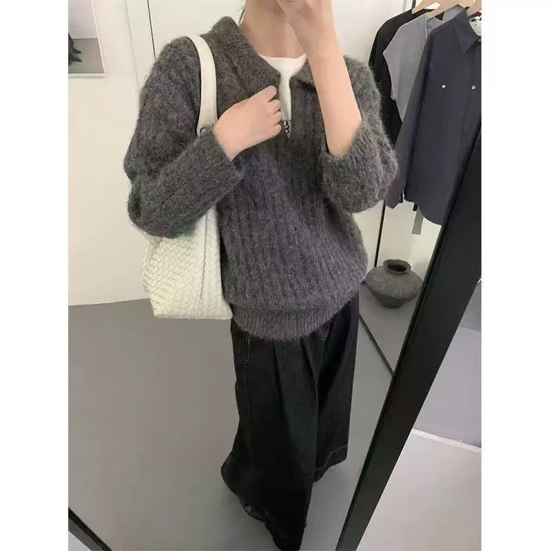 外贸新款复古简约长驼毛翻领设计感休闲加厚套头毛衣女基础款套衫|undefined