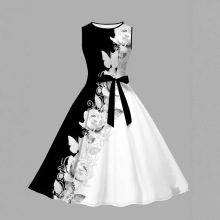 欧美跨境速卖通热卖夏季3D数码印花黑白花朵都市女士收束腰连衣裙