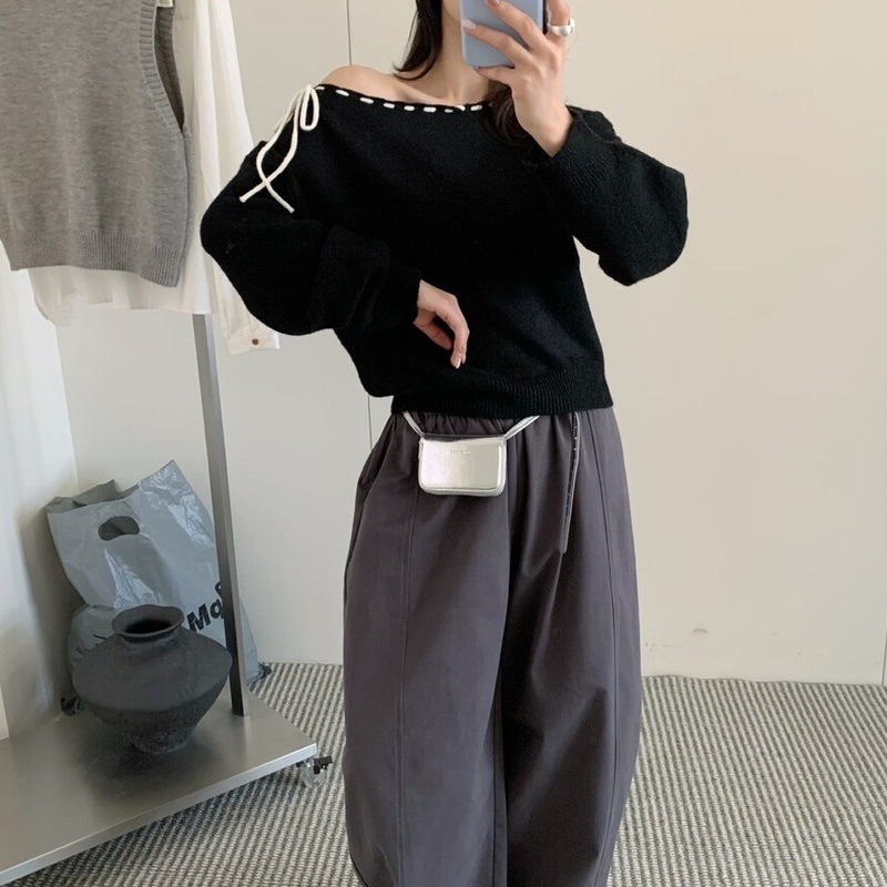 韩系设计感斜肩抽绳圆领毛衣女士秋冬季2025新款显瘦百搭套头上衣|undefined