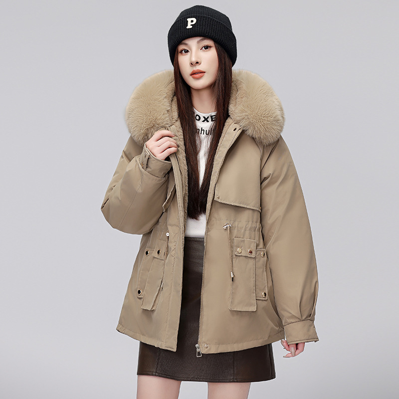 Comercio exterior corto para mujeres 2024 invierno nuevo estilo coreano plumón chaqueta de algodón gruesa y chaqueta caliente de lana grande