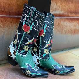 欧美粗跟马靴中跟复古刺绣铆钉骑士靴拼色西部牛仔女靴大码40-48